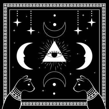 Black cats, night sky with moon and stars. Frame for sample text. Magic, occult symbols. clipart