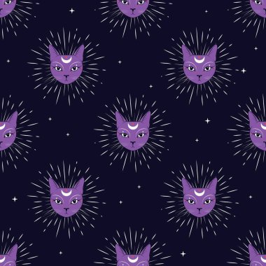 Mor kedi yüz ayda gece gökyüzü Dikişsiz desen arka plan ile. Şirin sihir, gizli tasarım.