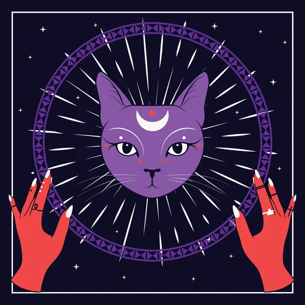 Cara de gato violeta con luna en el cielo nocturno con marco redondo ornamental. Manos rojas. Magia, símbolos ocultos . — Archivo Imágenes Vectoriales