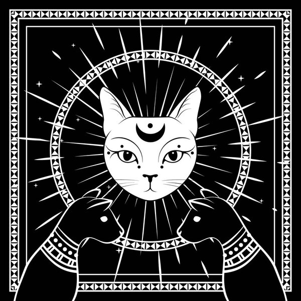 Black cats, cat face with moon on night sky with ornamental round frame. Magic, occult design.
