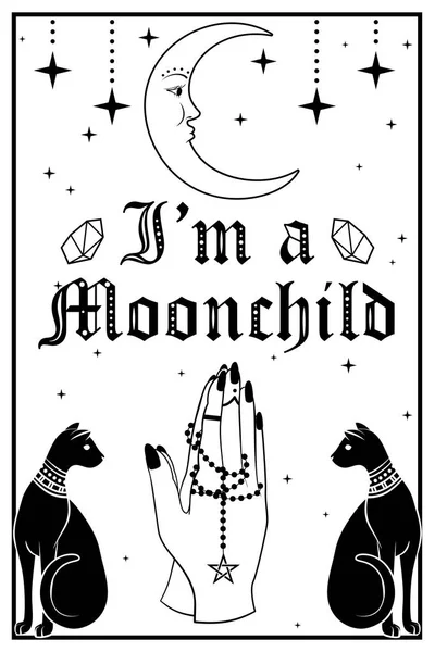 Black Cats and the Moon. Mãos a rezar a segurar um rosário. Eu sou um texto Moonchild — Vetor de Stock