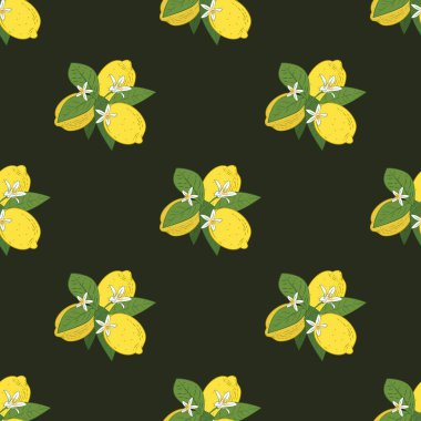 Dikişsiz desen şube ile limon, yeşil yaprakları ve üzerinde siyah çiçekler. Narenciye arka plan. Vektör çizim