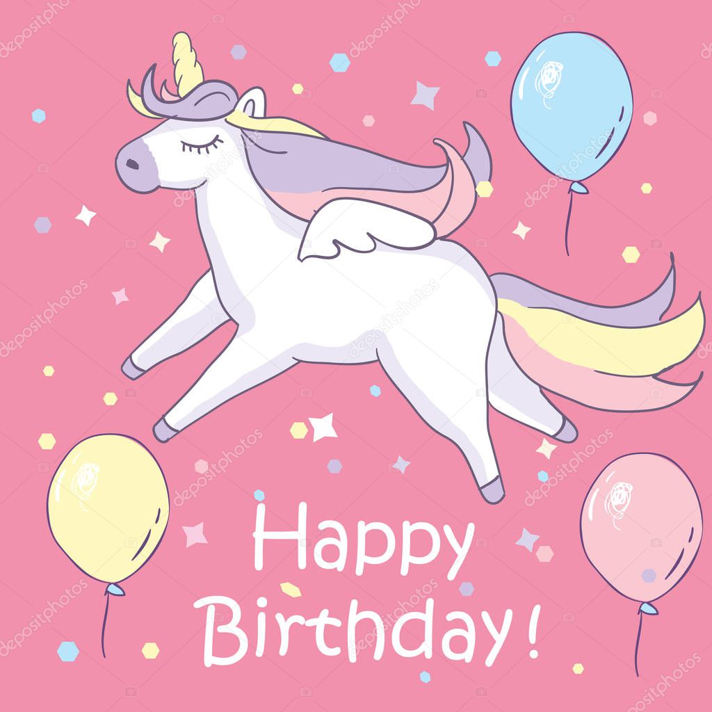 Beautyful unicorn. On pink background with baloons and happy birthday text
