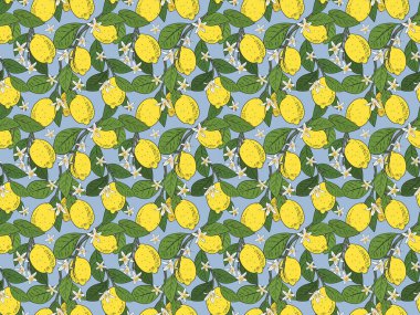 Dikişsiz desen şube ile limon, yeşil yaprakları ve mavi çiçekler. Narenciye arka plan.