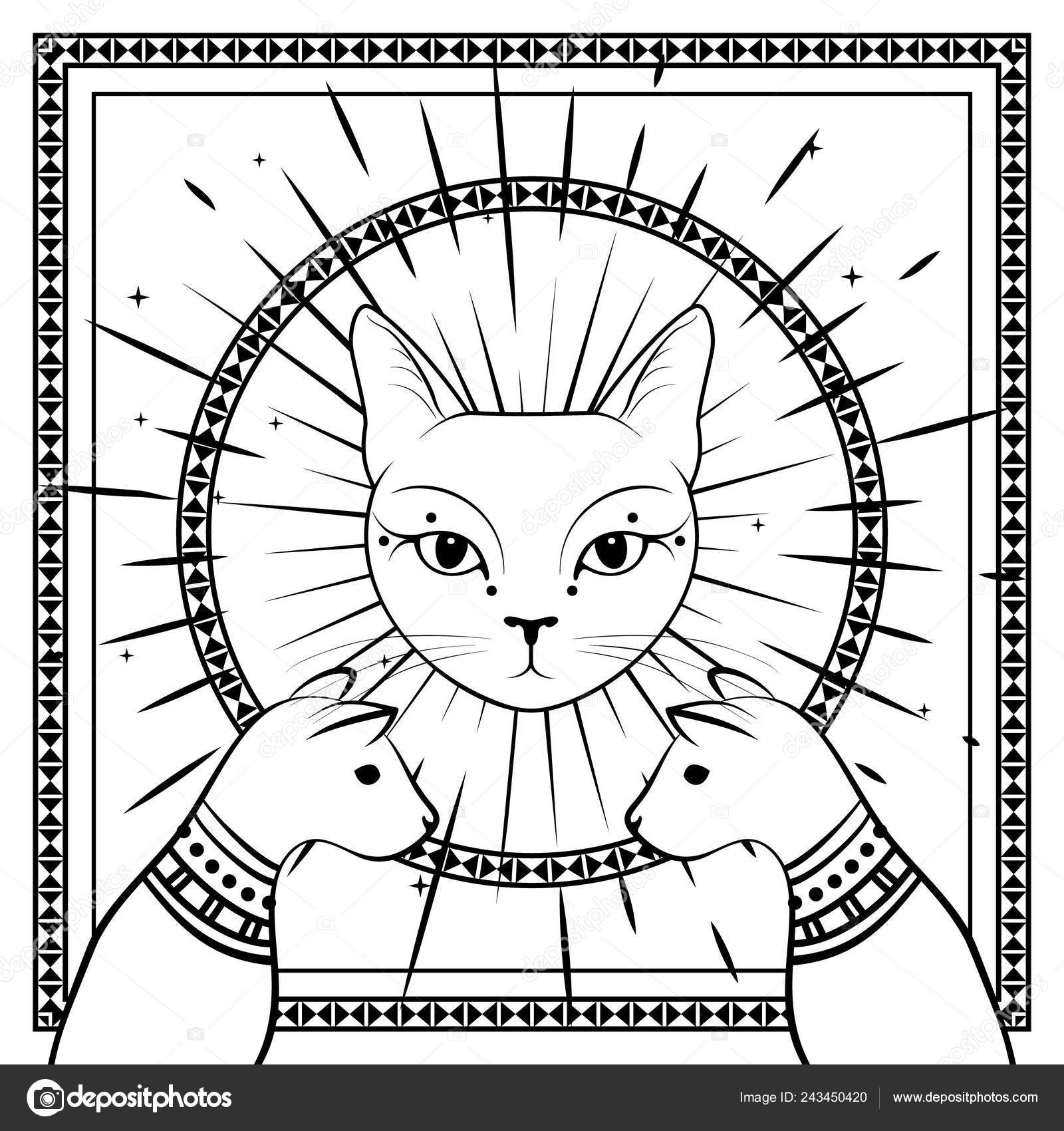 Sorte katte, kat ansigt med måne på nattehimlen med ornamental rund ramme.  Magisk, okkult design . Stockvektor af ©Marymo.art 243450420, image size:1600x1700