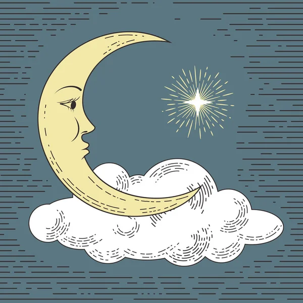Luna colorata disegnata a mano con nuvola e stella. Stilizzato come incisione. Vettore — Vettoriale Stock