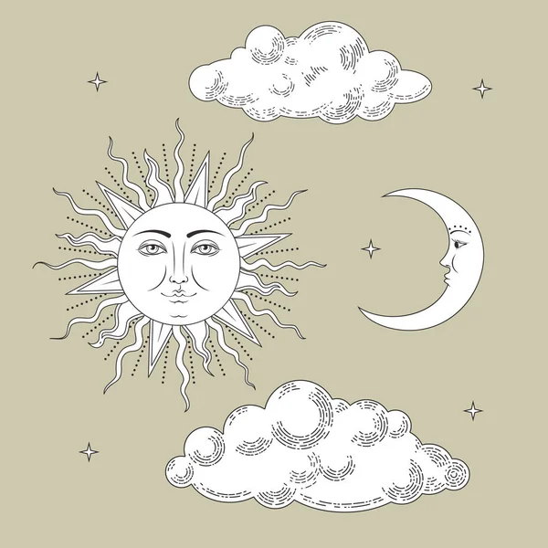 Definir colecções. Sol desenhado à mão e a lua com nuvens e estrelas. Estilizado como gravura. Vetor — Vetor de Stock