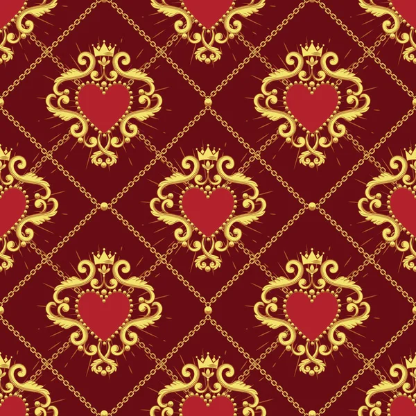 Herz und goldene Kette auf dunkelrotem Hintergrund. nahtloses Muster. Vektorillustration — Stockvektor