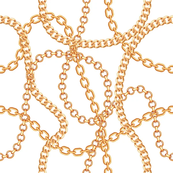 Bezszwowe tło wzór z łańcuchami złoty metaliczny naszyjnik. Na biało. Ilustracja wektorowa — Wektor stockowy