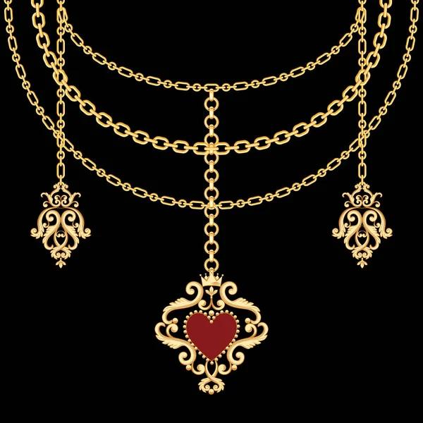 Arrière-plan avec des chaînes dorées collier métallique et pendentif avec coeur. Sur noir — Image vectorielle