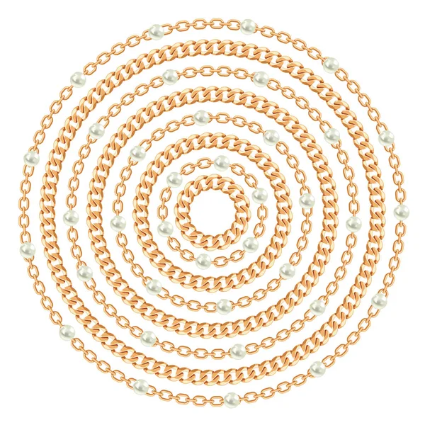 Patrón redondo hecho con cadenas doradas y perlas. En blanco. Ilustración vectorial — Vector de stock