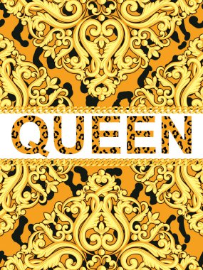 Hayvan leopar dokulu zincirleri ve metin Kraliçe ve sarı süs öğesi. Vektör çizim