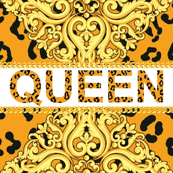 Yellow ornamental element on animal leopard texture with chains and text queen. Vector illustration — Stock Vector