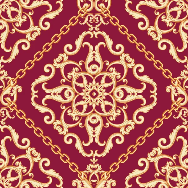 Patrón de damasco sin costuras. Beige dorado sobre textura rosa púrpura con cadenas. Ilustración vectorial . — Archivo Imágenes Vectoriales