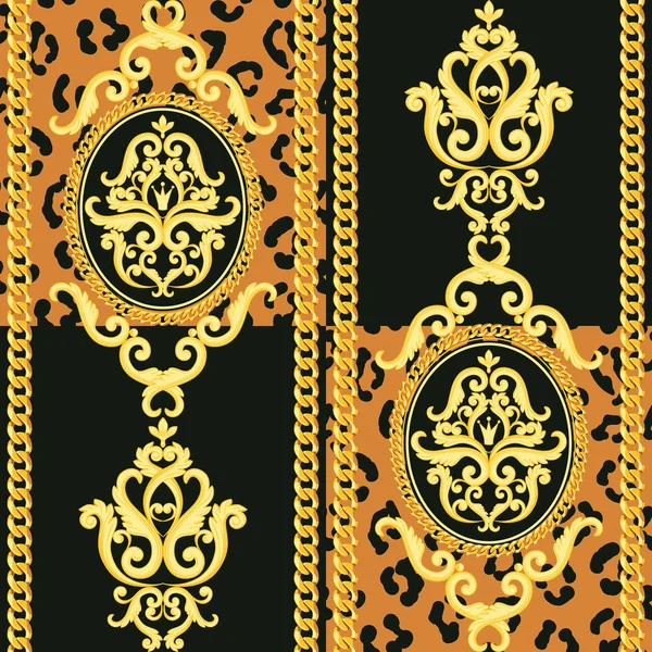 Patrón de damasco sin costuras. Oro sobre textura de leopardo negro y animal con cadenas. Ilustración vectorial — Archivo Imágenes Vectoriales