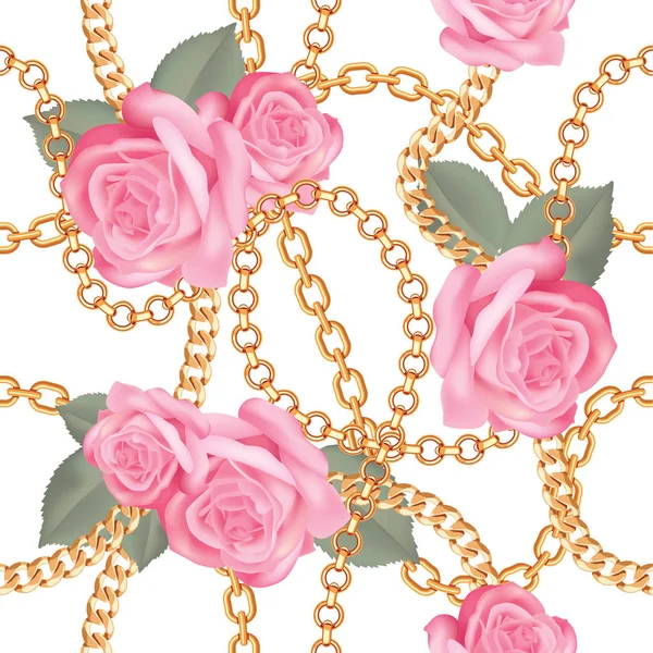 ゴールデン チェーンとピンクのバラは現実的なシームレス パターン背景。白。ベクトル図 — ストックベクタ