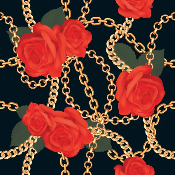 ゴールデン チェーンと赤いバラのシームレスなパターン背景。ブラック。ベクトル図 — ストックベクタ