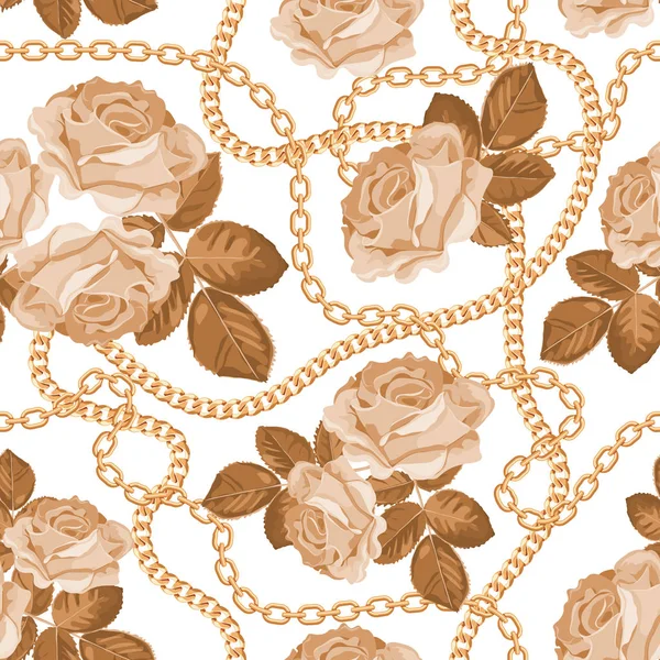 Fondo de patrón sin costuras con cadenas doradas y rosas beige. En blanco. Ilustración vectorial — Vector de stock