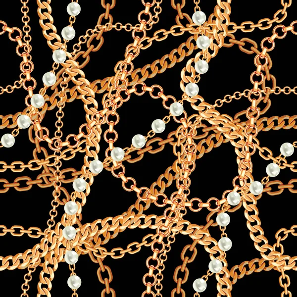 Fondo de patrón sin costuras con peras y cadenas collar metálico dorado. En negro. Ilustración vectorial — Vector de stock