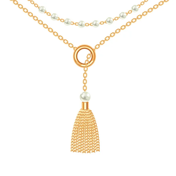 Pozadí se zlatým kovovým náhrdelníkem. Střapec, perly a řetězy. Na bílém. Vektorová ilustrace — Stockový vektor