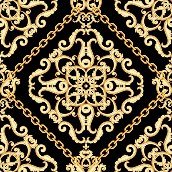 Patrón de damasco sin costuras. Beige dorado sobre textura negra con cadenas. Ilustración vectorial . — Archivo Imágenes Vectoriales