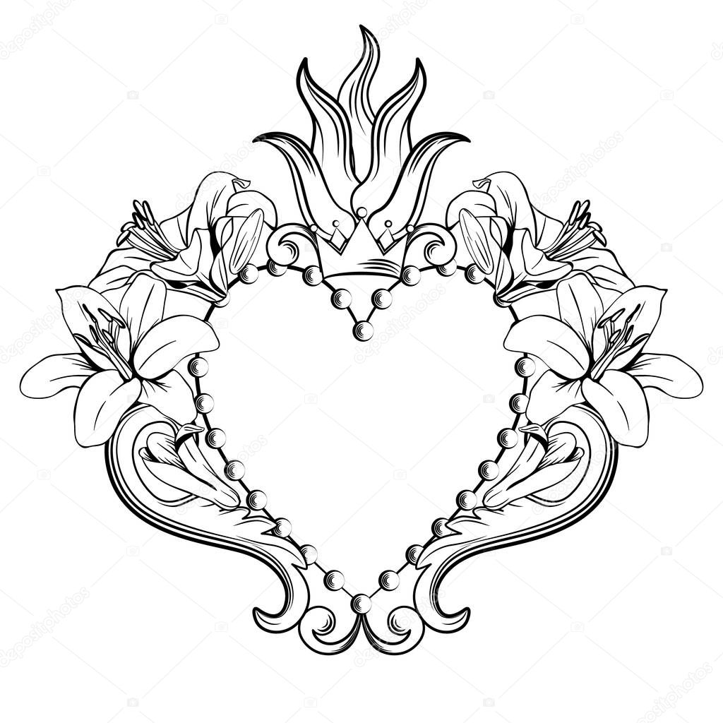 Sacred heart of Jesus. Beautiful ornamental heart with lilies, crown in black color isolated on white background. Vector illustration