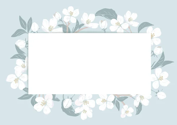 Plantilla de tarjeta de flor de cerezo con texto. Marco floral sobre fondo azul pastel. Flores blancas. Ilustración vectorial — Vector de stock