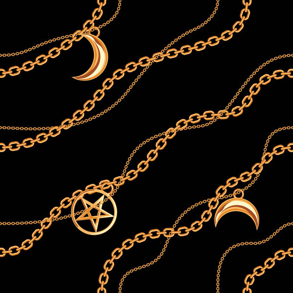 Бесшовный фон с пентаграммой и лунными подвесками на золотой металлической цепи. На черном. Векторная иллюстрация
