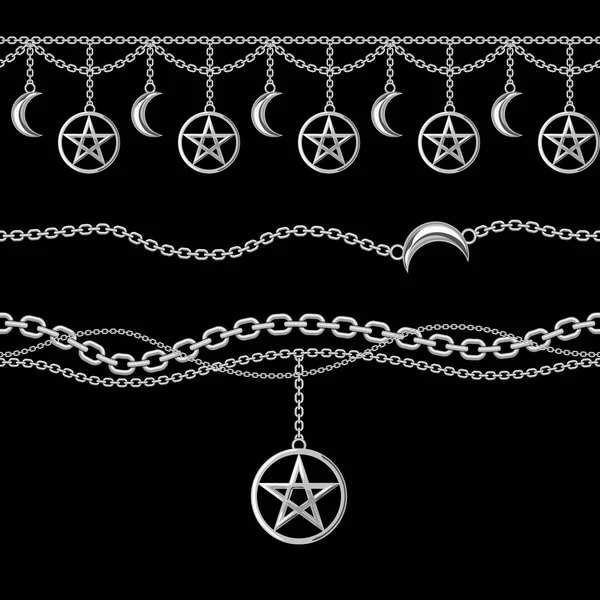 Pentagram ve ay kolye ile gümüş metalik zincir sınırları koleksiyonu ayarlayın. Siyah üzerinde. Vektör çizimi