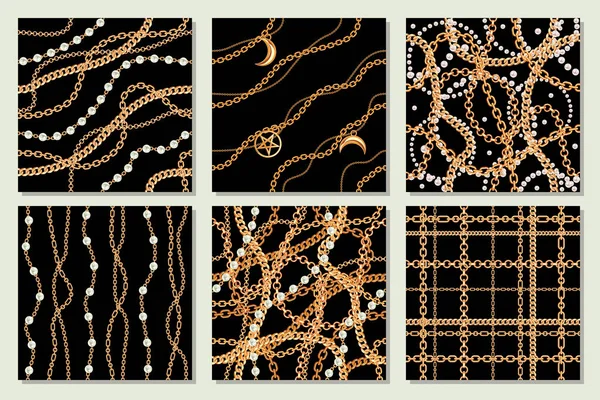 Set collection of samless pattern backgrounds with pears and chains golden metallic necklace. On black. Vector illustration — Stock Vector