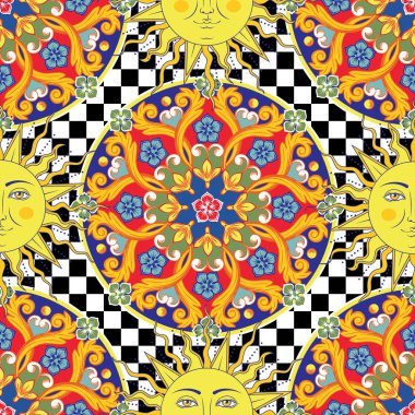 Dikişsiz parlak arka plan. Renkli etnik yuvarlak süs Mandala, damalı desen insan yüzü sembolü ile güneş. Trendy tarzı. Vektör Illustration