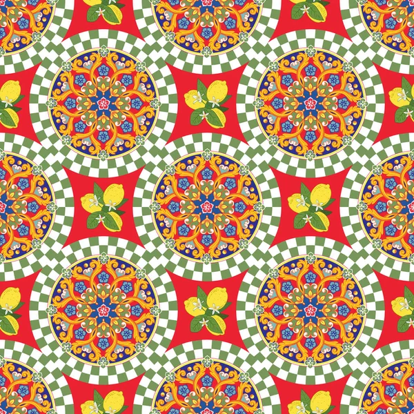 Fondo de patrón sin costuras. Mandala ornamental redondo étnico colorido con limones. Ilustración vectorial — Archivo Imágenes Vectoriales