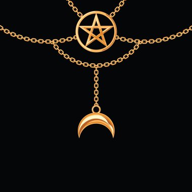 Altın metalik kolye ile arka plan. Pentagram kolye ve zincirler. Siyah. Vektör Illustration