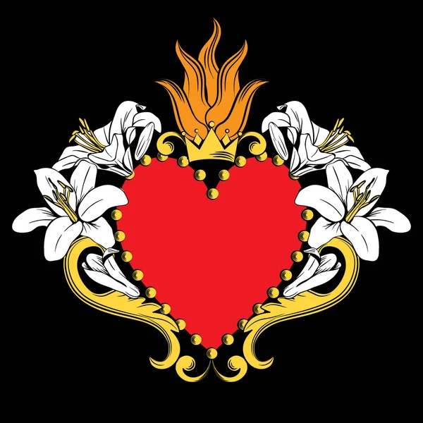 Heiliges Herz Jesu. schönes rotes Zierherz mit Lilien, Krone in isoliert auf schwarzem Hintergrund. Vektorillustration — Stockvektor