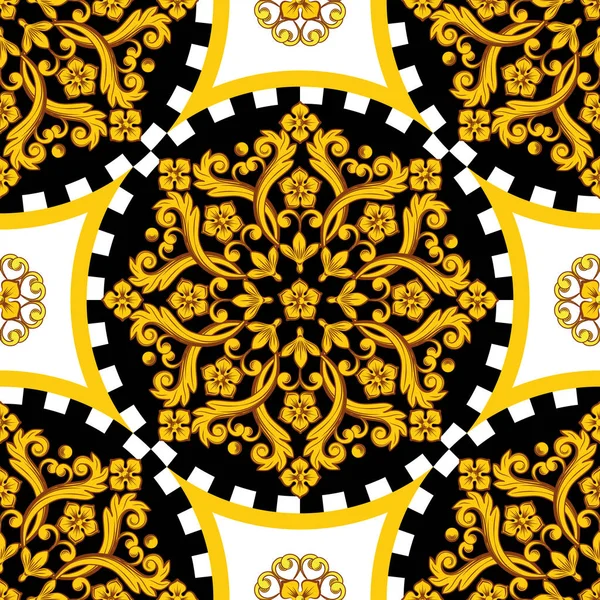Nahtlose trendige Barocco Hintergrund. goldenes Ornamemtal, rundes Mandala mit karierter Borte — Stockvektor
