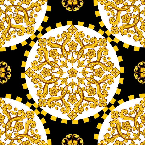 Бесшовный модный барокко фон. Золотой орнаментальный круглый мандала с клетчатой границей — стоковый вектор