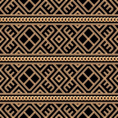 Siyah arka plan üzerinde Altın zincir geometrik süs Dikişsiz desen. Vektör çizimi