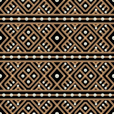 Altın zincir geometrik süs ve siyah arka plan üzerinde inci dikişsiz desen. Vektör çizimi