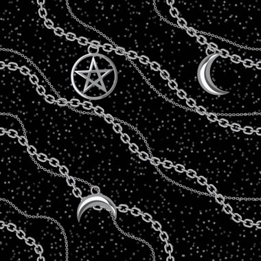 Gümüş metalik zincir üzerinde pentagram ve ay kolye ile dikişsiz desen arka plan. Siyah üzerinde. Vektör çizimi