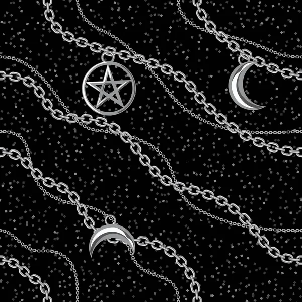 Fond motif sans couture avec pentagramme et pendentifs de lune sur chaîne métallique argentée. Sur noir. Illustration vectorielle — Image vectorielle