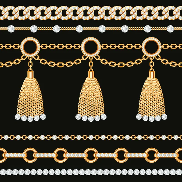 Набор золотой металлической цепи граничит с драгоценными камнями и кисточками. На черном. Векторная иллюстрация — стоковый вектор