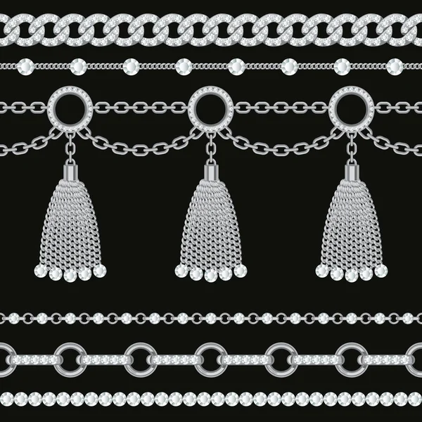 Conjunto coleção de bordas cadeia metálica de prata com pedras preciosas e borlas. Em preto. Ilustração vetorial —  Vetores de Stock
