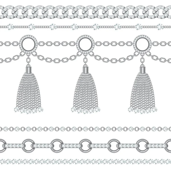 Conjunto de colección de bordes de cadena metálicos de plata con piedras preciosas y borlas. En blanco. Ilustración vectorial — Vector de stock