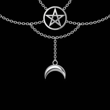 Gümüş metalik kolye ile arka plan. Pentagram kolye ve zincirler. Siyah üzerinde. Vektör çizimi