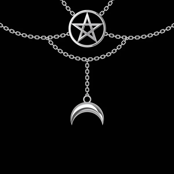 Sfondo con collana in argento metallizzato. Ciondolo Pentagramma e catene. Sul nero. Illustrazione vettoriale — Vettoriale Stock