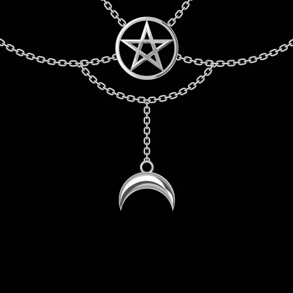 Gümüş metalik kolye ile arka plan. Pentagram kolye ve zincirler. Siyah üzerinde. Vektör çizimi