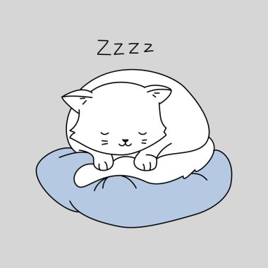 Sevimli kedi karakteri. Beyaz kedi mavi yastıkta uyuyor. Vektör çizimi.