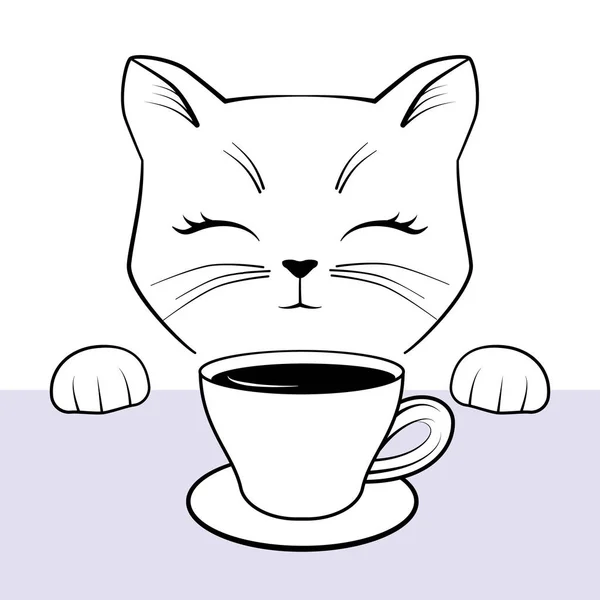 Linda cara de cate con patas y taza de café. Esquema negro dibujo gatito carácter . — Archivo Imágenes Vectoriales
