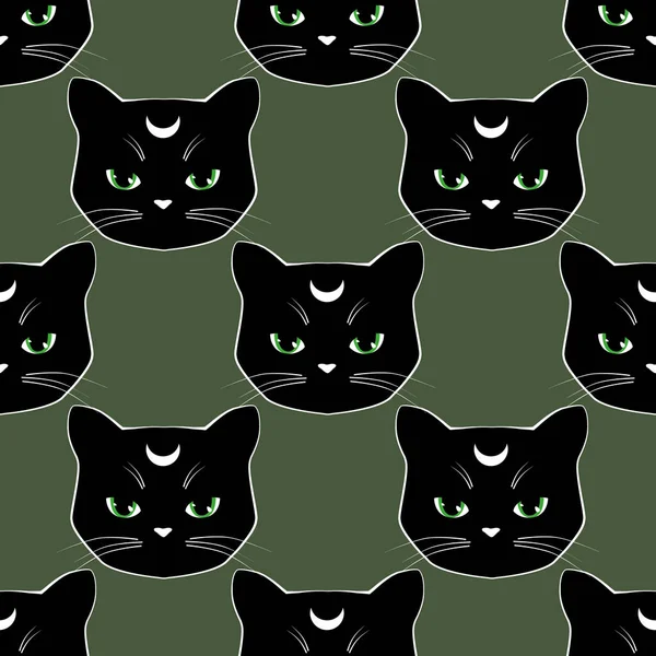 Fundo padrão sem costura com rostos de gato preto. Personagem de gatinho lunar. Ilustração vetorial — Vetor de Stock