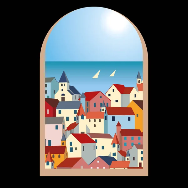 Paisaje con mar, casas coloridas y yates a través de una vieja ventana — Vector de stock